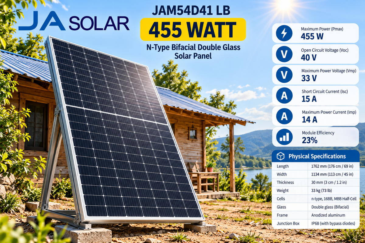 455 Watt JA Solar Panel, N- Type Bifacial , 70" x 45"